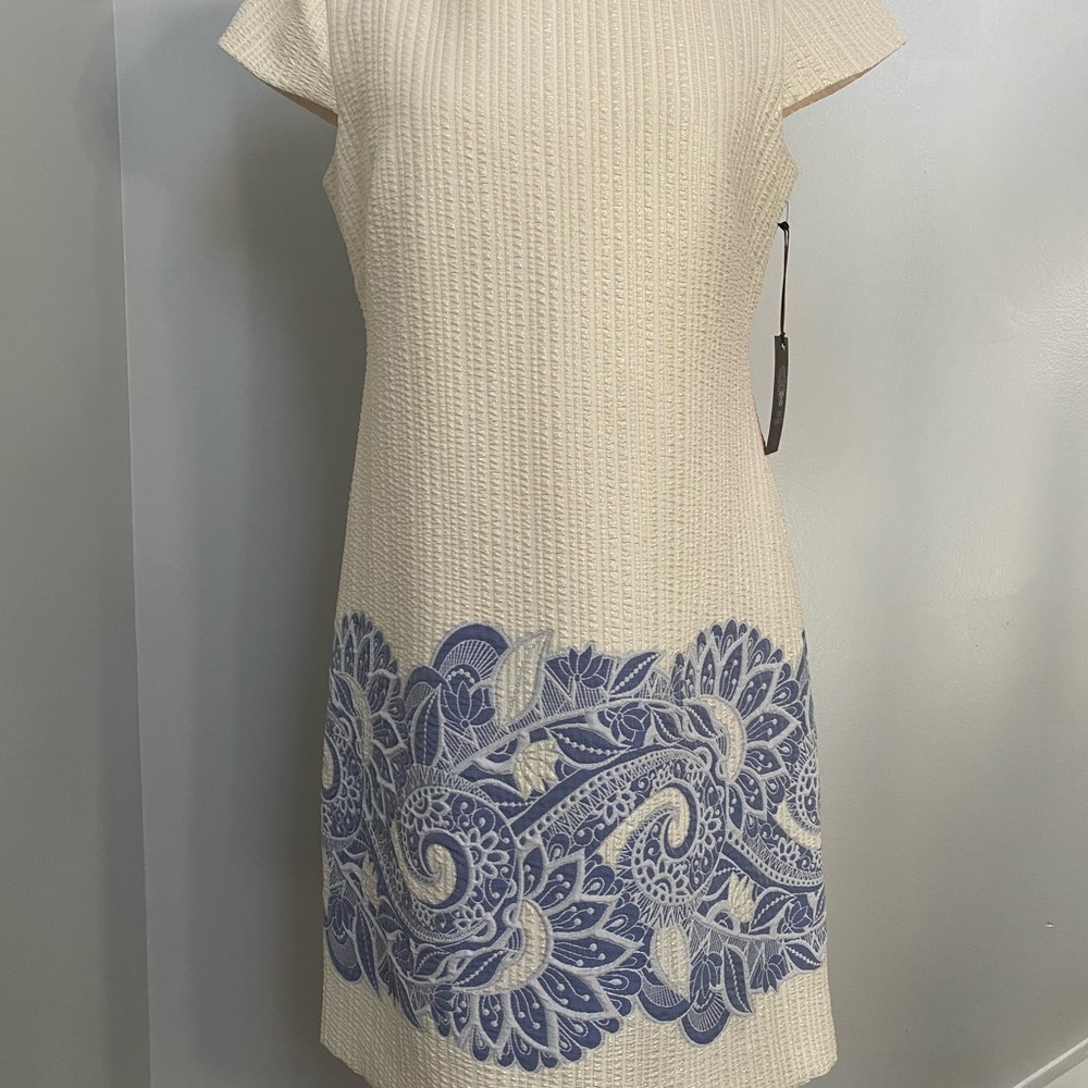 Vince Camuto Ivory and Indigo Patterned Mini Dress